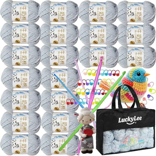 Double Crochet Yarn for Knitting Set with 20 Soft Thick Yarn Balls (50 g each), 100% Acrylic Yarn for Crochet, Professional Knitting Yarn, Perfect for Blankets, Baby Clothes, Hats and Gloves (Grey