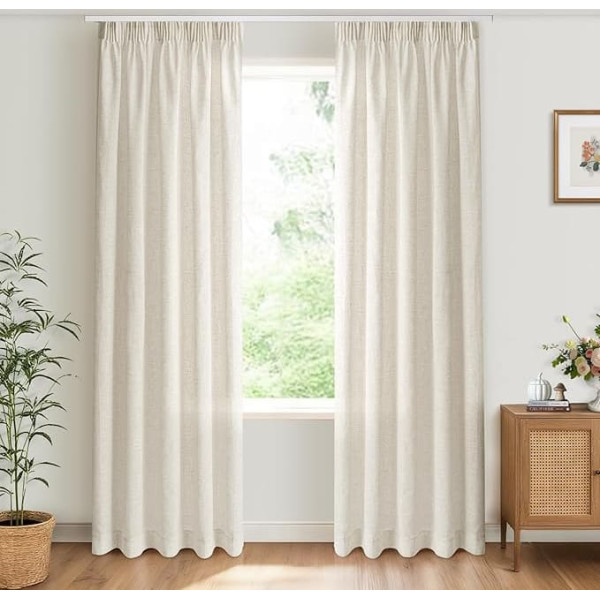 INOVADAY Curtains with Ruffle Tape, Set of 2, Modern Living Room Curtains for Rail System, Semi-Transparent Linen Look H 245 x W 140 cm, Natural