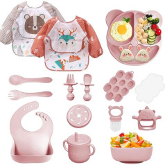 14 Baby Crockery Set, Silicone Baby Weaning Cutlery Set, Non-Slip, Plate, Bowl, Bib, Spoon, Fork, Fruit Teat, Baby Porridge Freezing Container, Teething Ring Baby, BPA Free (Light Pink)
