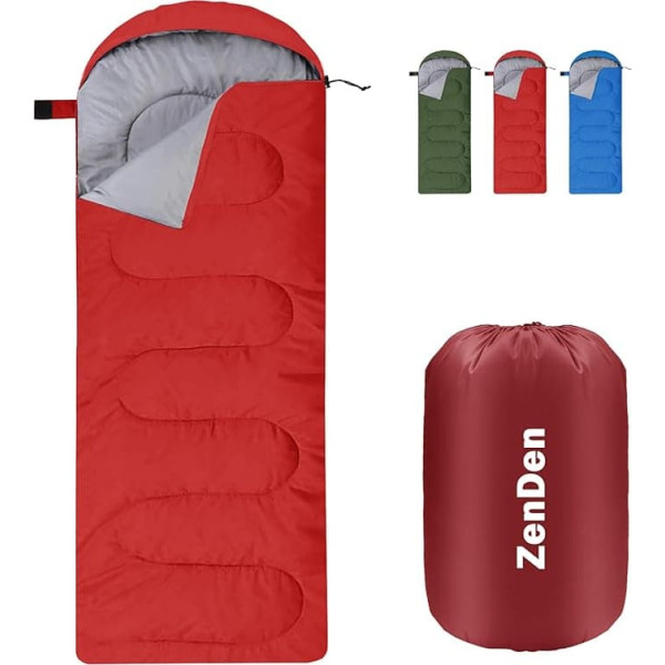 ZenDen Envelope Sleeping Bag with Cosy Hood for Individuals 3-4 Seasons Extra Warm Double Quilted 850g Insulated Filling Water Resistant Lightweight with Compact Bag for