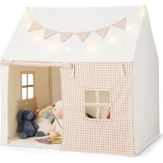 FANTASK Children's Indoor Playhouse, Children's Tent with Mat and Lights, Children's Play House with Flag Banner & Windows, Princess Tent for Boys & Girls from 3 Years (Beige)