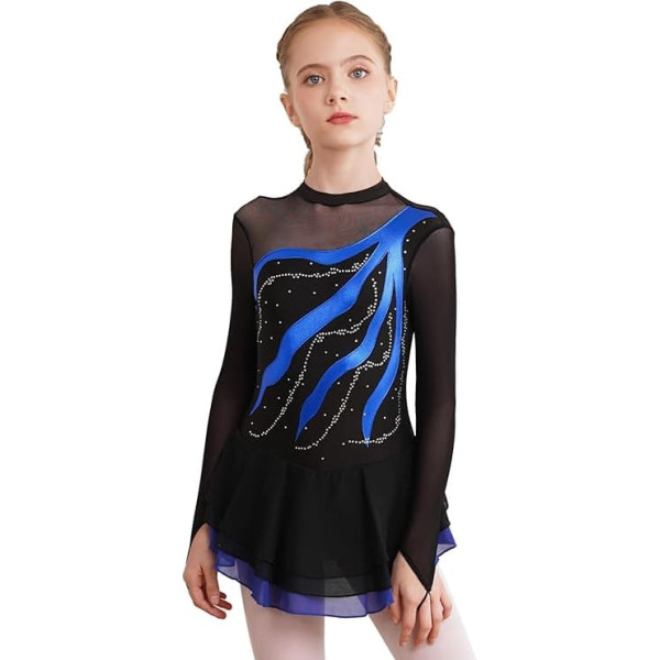 Freebily Girls' Figure Skating Dress Long Sleeve Mesh Glitter Rhinestone Ballet Dance Dress Dress Lyrical Gymnastics Jersey with Briefs Competition Dance Wear
