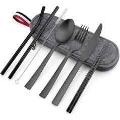 Matte Black Travel Utensils Set, E-far 8-Piece Metal Travel Cutlery Set, Portable Camping Cutlery Set Includes Knife, Fork, Spoon, Chopsticks, Straws - Charcoal Grey Case