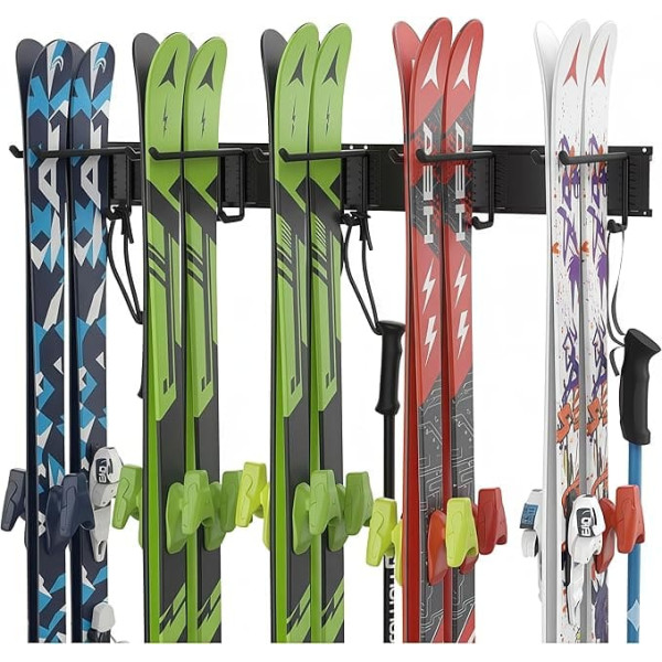 Ski Wall Mount for 5 Pairs of Ski Mounts for Home and Garage Skis Steel (Black)