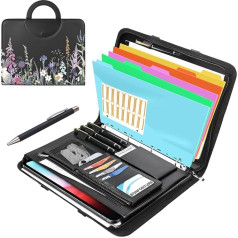 Writing Case A4 with 5 Tabs, Conference Folder with 4 Ring Binder Zip Handle Clipboard Notepad Pen, Document Folder for Office Business University School Black