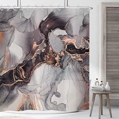 Marble Shower Curtain, Black Gold, 180 x 200 cm, Modern Abstract Grey Black Gold Marble Look Texture Washable Shower Curtains Polyester Textile Waterproof Shower Curtain for Bathtub with 12