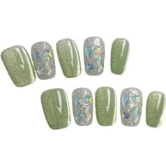 Handgefertigte Kunstnägel EG2ExsKurze quadratische Kunstnägel mit grünem Katzenaugeneffekt und funkelnden Strasssteinen, wiederverwendbar, 10 Stück