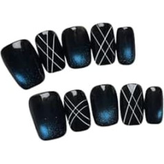 Handgefertigte Kunstnägel EA1EmQuadratische Kunstnägel, Schwarze Basis mit blauem Katzenaugeneffekt und handgemaltem Karomuster, wiederverwendbar, 10 Stück