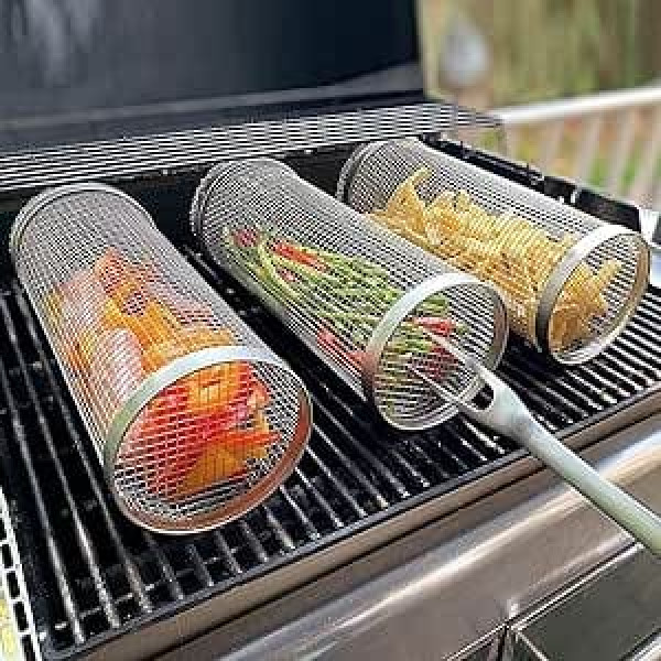 Round Grill Cage BBQ Tools Rolling Grill Baskets Camping for Grill Vegetables, Fish, Meat Grill Basket Grid Grill Round Grill Baskets Grill Accessories Cookware (Color : 1 Piece, Size : Length