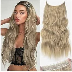 Wig Synthetic 4 Clip Hair Extensions with Invisible Wire 22 Inch Long Wavy Ash Brown Platinum Blonde One Piece Artificial Hairpiece Hair Extensions Wigs for Women