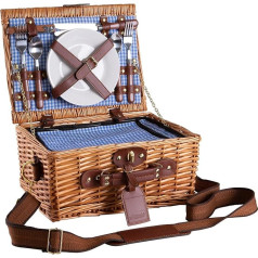 Picnic Basket for 2 People Blue with Cooling Compartment & Shoulder Strap - Handwoven Natural Willow Picnic Bag Including Tableware & Glasses - Romantic Picnic Set Gift