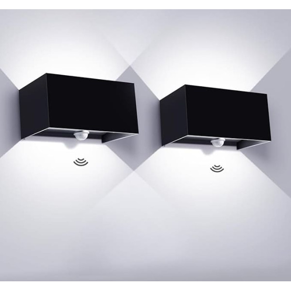Kingwei 20 W Outdoor / Indoor Wall Light with Motion Sensor IP65 6000 K Cool White Outdoor Wall Lights with Adjustable Beam Angle Outdoor Lamp with Motion Sensor Black Wall Lamp (Pack of 2)