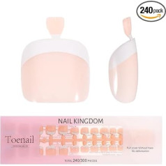 240 Pieces Shiny French Press On Toenails Pre Applied Soft Gel False Nails for Nail Extension at Home DIY (White-Light-Natural White)
