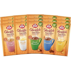 RUF Glücklichmacher Cup Pudding Set (15 x 59 g Bags), Set of Vanilla, Chocolate, Semolina, Café Caramel and Chocolate Hazelnut, Instant Pudding Powder for Quick Desserts