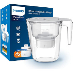 Philips Wasserfilterkanne +4 Micro X-Clean Ersatzfilterkartuschen, schneller Durchfluss, Weiß, 2,6 Liter, elektronischer Timer