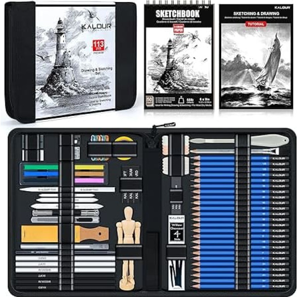 KALOUR Professional Sketch Kit, 113 Pieces with 3 Color Sketchbook Art Supplies Set with Pens and Charcoal Black Zipper Bag
