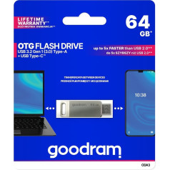 Goodram 64GB zibatmiņas diskdziņš dual USB 3.2 + USB-C OTG ODA3 sudraba krāsā