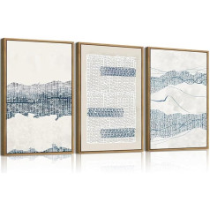 CHDITB Pack of 3 Abstract Calf Picture, Blue Large Canvas Wall Art, Lines Blue Beige Picture with Frame, Modern Living Room Abstract Wall Decoration, Neutral Modern Poster Bedroom Office Bathroom, 30