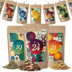 BonaTea Tea Advent Calendar 2025 Organic - 24 Unique Loose Organic Herbal Teas by BonaTea for Hanging, Includes Lead, Clips and Booklet, 24 x 10 g