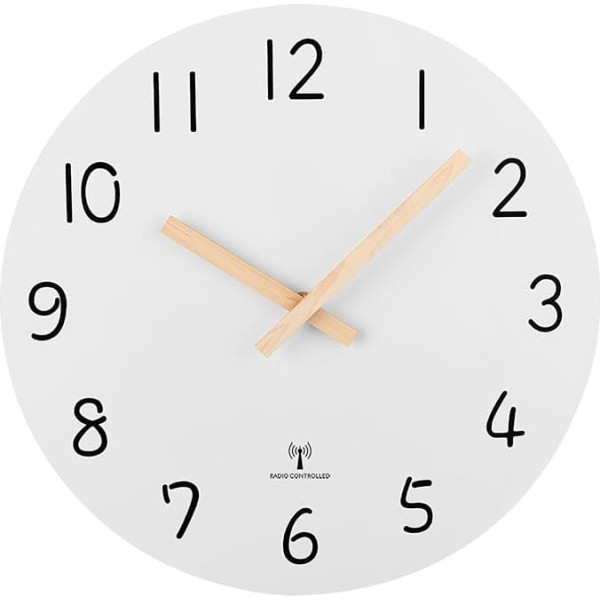 Plumeet Radio Controlled Wall Clock, 10 Inch Frameless Wooden Wall Clocks with Quiet Movement, Rustic Coastal Clock, Village Clock Decorative for Bedroom, Living Room, White