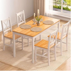 SogesPower Dining Set for 4 People, Dining Table with 4 Chairs, Wooden Kitchen Table Set, Dining Room Table and Chairs, Space-Saving Furniture Set for Kitchen and Living Room, Natural/White