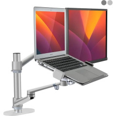 2-in-1 Laptop and Monitor Holder, Adjustable Double Arm Stand for 12-17 Inch Laptops and 17-32 Inch Monitors, Ergonomic Design, Height Adjustable and Tilt, Silver
