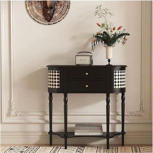Entrance Table, Black Half Moon Console Table with 2 Drawers for Entrance Area and Living Room Console Table (S)