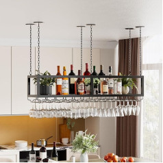 Ceiling Wine Rack Industrial Hanging Wine Bottle Holder Height Adjustable Retro Ceiling Wine Rack Iron & Solid Wood Wine Glass Shelf Ceiling Decoration Shelf for Bars/Restaurants/Kitchens (120 x 25 x