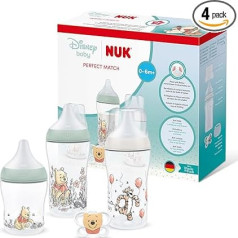 NUK Perfect Match Baby Bottles & Pacifier Set | 0-6 Months | 3 x Anti-Colic Bottles (150ml, 260ml), 1 x Perfect Match Air Pacifier | Disney Winnie the Pooh | 4 Piece