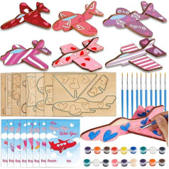 24 Sets Valentinstagsgeschenke für Kinder, machen Sie Ihr eigenes 3D-Flugzeug, Holzflugzeuge, DIY-Malsets mit Valentinstagskarten, unlackiertes Holzflugzeug, Bastelspielzeug für Klassenzimmer