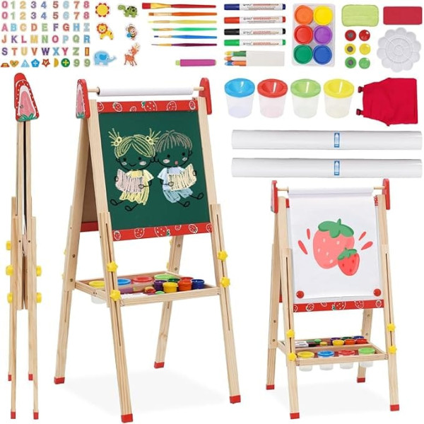 Children's Easel 3-in-1 Painting Board with Paper Roll, Double-Sided, Height Adjustable Standing Board, 95-125 cm, All-in-One Easels with 100+ Pieces Painting Accessories, School Board for Children