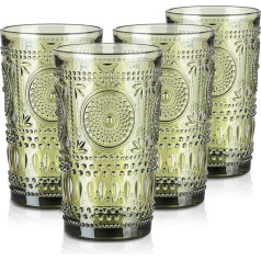 Joeyan 400 ml Drinking Glasses Set, Colourful, Green Water Glasses, Vintage Glasses Set, 4 Pieces, Retro Juice Glasses with Sunflower Pattern Embossed, Coloured Drinkware for Everyday, Office, Outdoor, Dishwasher Safe