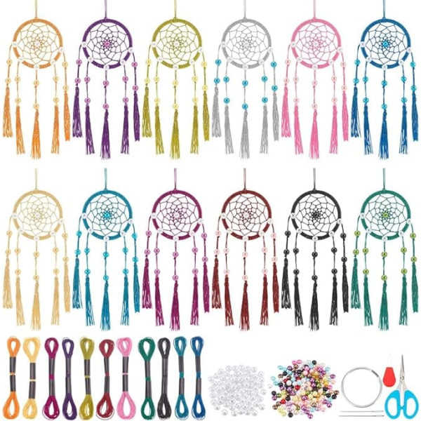 INFUNLY 12er Set DIY Kit Für Kleine Traumfänger Metallische Farben Runde Mini Traumfänger Set Handgefertigt Mit Anleitung Boho Deko Zum Aufhängen Für Schlafzimmer Autospiegel Schlüsselanhänger Tasche