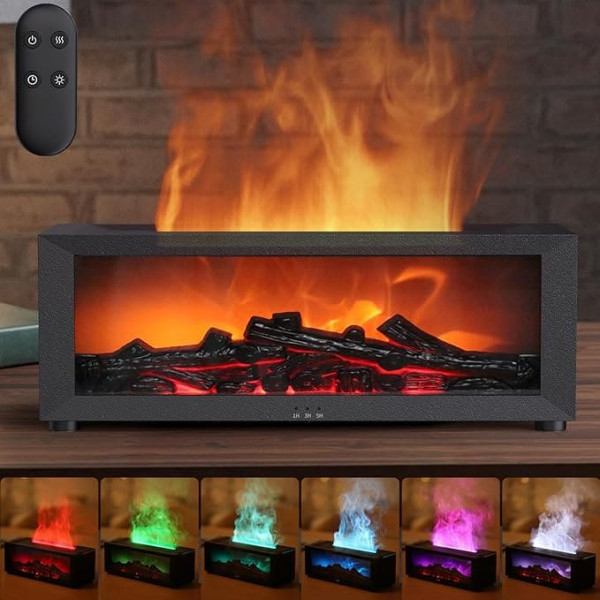 Aroma Diffuser with LED Fireplace, 150 ml Humidifier & Fragrance Oil Diffuser, 7-Colour Flame Effect, Remote Control, 4 Timers, Waterless Automatic Shut-Off