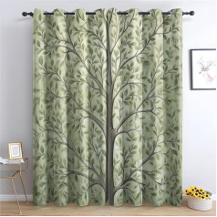Tree of Life Blackout Curtains, Set of 2 Opaque Green Leaf Pattern, Thermal Curtain for Decoration, Living Room, Bedroom, Children's Room, Curtains with Eyelets, 160 x 132 cm (H x W)