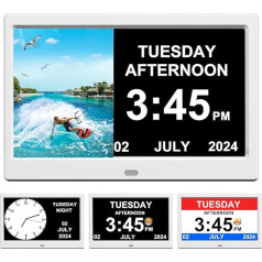 Day and Date Alarm Clock for Elderly, Digital Calendar, Clock, Photo Frame, Automatic Dimmable Display, 15 Alarm Options (10