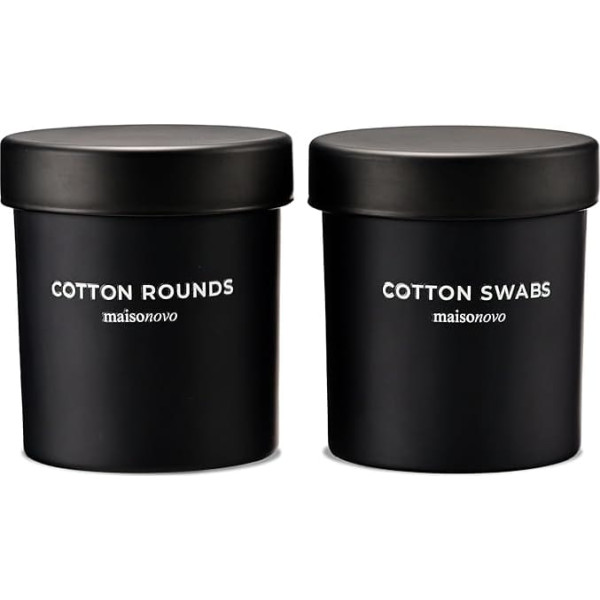 MaisoNovo Qtip Holder Bathroom Set - Airtight Glass Qtip Holder with Lid for Storing Q Tips, Cotton Rounds, Cotton Balls, Floss Picks, Hair Bobbles with Free Labels Pack - 2