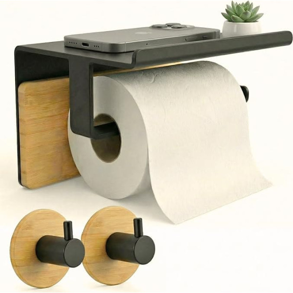 BYSER Self-Adhesive Toilet Roll Holder with Shelf + 2 Hooks, Black Stainless Steel and Bamboo, Toilet Paper Holder Wall without Drill, with Modern Bathroom Accessories