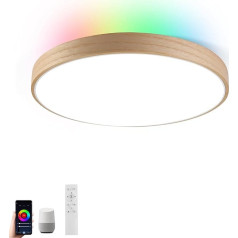 LED Smart WiFi Ceiling Light, Dimmable LED Light with Alexa Google Home, 12 Inch 28 W RGB Colour Changing Ceiling Light with Remote Control, Light Made of Natural Wood Material for Bedroom