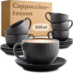 Cosumy Cappuccino Cups Black with Saucers - Set of 6 - 200 ml - Striped Pattern Ceramic - Dishwasher Safe - Cappuccino Cups with Handle - Matt
