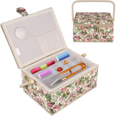 Sewing Box, Sewing Basket, Storage Organiser, Elegant Style, Portable Bag, Cotton, Plastic, Wood, 30.5 x 23 x 15.5 cm