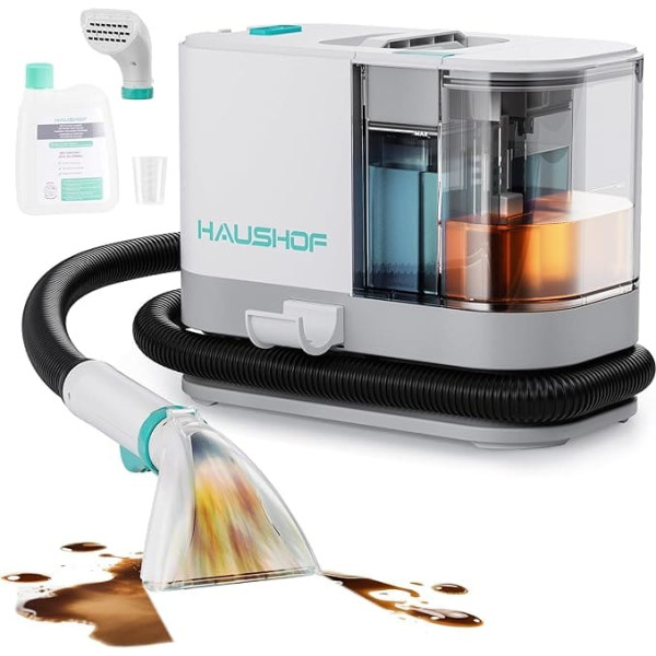 HAUSHOF Washing Vacuum Cleaner Carpet Cleaner 13 kPa, Portable Upholstery Cleaner 3.85 kg, 2-in-1 Water Tank, 1.5 m Hose, Quiet (≤77 dB), Compatible with Hot Water, for Carpets, Sofas and Car Seats