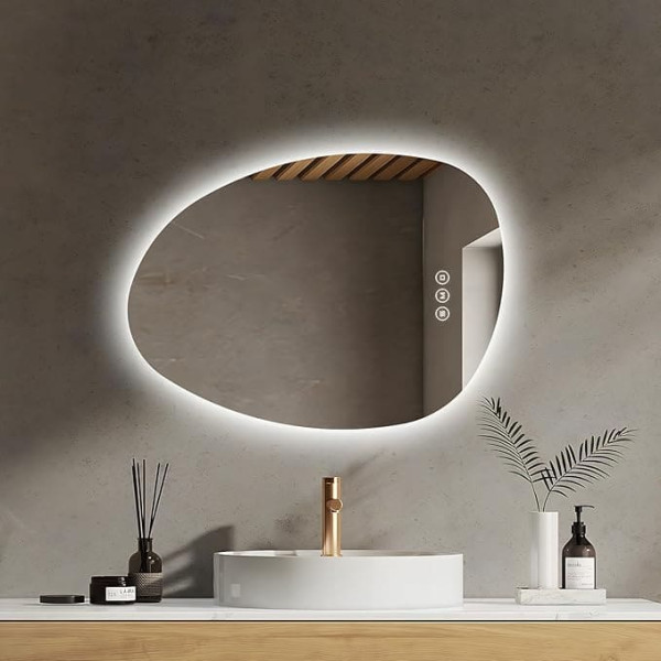 EMKE Bathroom Mirror with Lighting Asymmetrical LED Mirror 75 x 55 cm Touch Switch 3 Light Colours Dimmable Anti-Fog Bathroom Mirror with Lighting IP44 Energy Saving