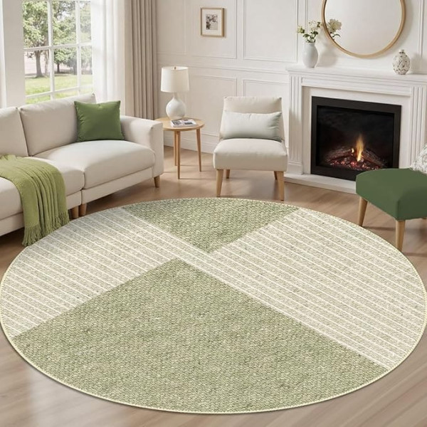 Short Pile Living Room Rug, 160 cm, Round, Green & Cream, Washable Rugs, Modern, Geometry, Axisymmetric, Non-Slip Underlay, Fluffy and Extra Soft for Dining Room and Bedroom