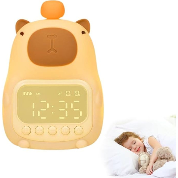 Capybara Alarm Clock with Night Light, Cute Capybara Children's Alarm Clock, Children's Bedside Alarm Clock, Silicone Night Light for Children, Two Alarm Clocks, Rechargeable Bedroom Alarm Clock for Girls and Boys