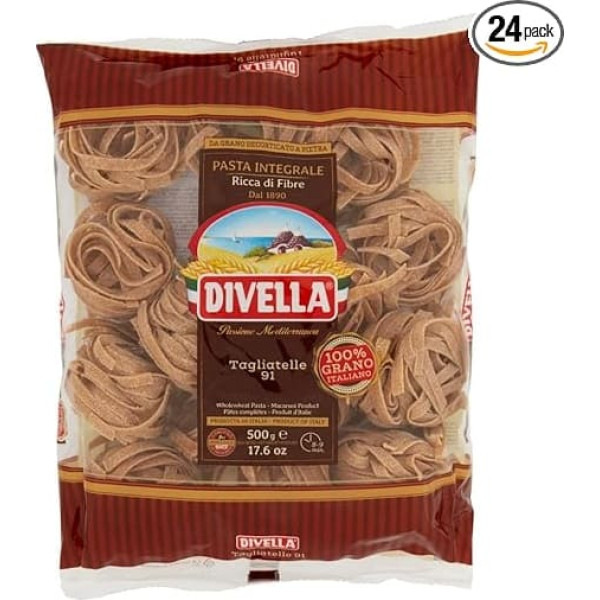 Divella Whole Grain Tagliatelle 91, 24 x 500 g Family Supply, 100% Italian Durum Wheat, High Fibre, Ideal Pasta for Every Day + Italian Gourmet Polpa