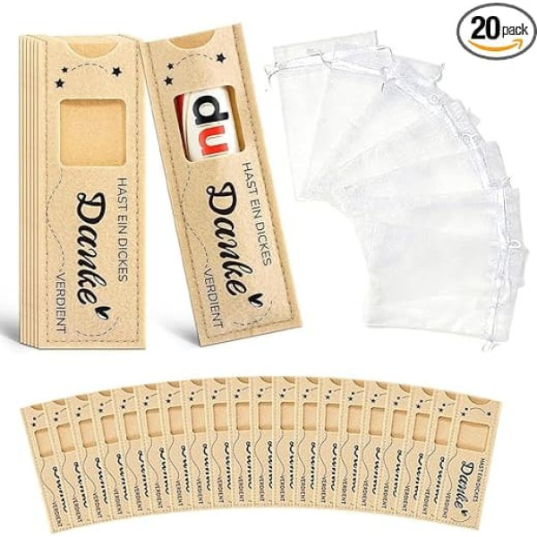 RNPKZ Du Hast Ein Dickes Danke Verdient, Pack of 20 Felt Sleeves for Chocolate Without Chocolate, Thank You Gifts with Mesh Bag for Employees, Colleagues, Family, Friends, for Wedding, Christmas, Team