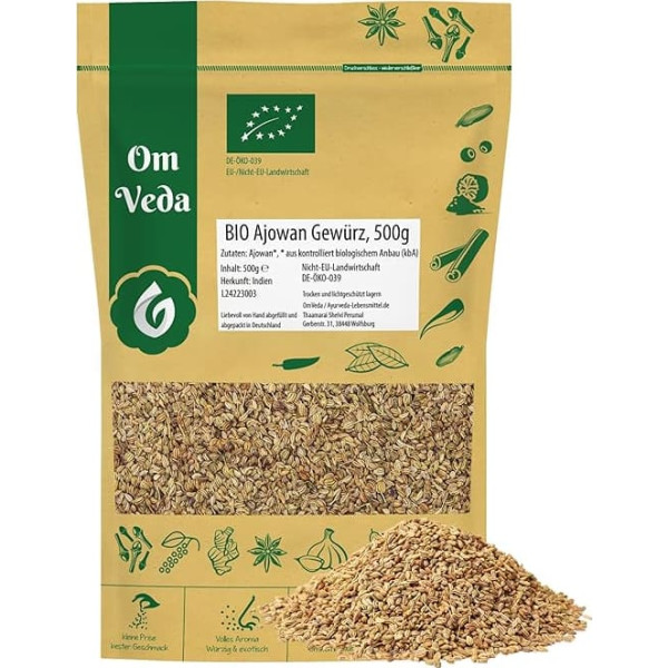 Organic Ajowan King Cumin Spice 500 g, Ajwain Ajowan Seed, Oriental Indian Ayurveda, Organic Carom Seeds, OmVeda Spices for Kitchen (500 g)
