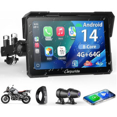 Carpuride W702 Plus 8 Core Android 14 Motorcycle Carplay Screen with Dual Cameras, Wireless CarPlay and Android Car, 7 Inch Waterproof Touch Screen, BT Audio, Loop Recording, Online/Offline Navigation