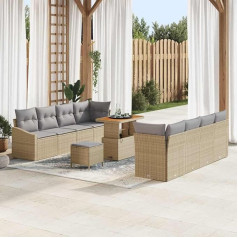 Poly-Rattan Gartensofa-Set 11 Stück aus Akazienholz, Outdoor-Sofa-Set mit Polstern als 11-teiliges Gartenmöbel-Set in Beige und Hellgrau